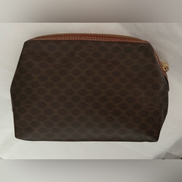 Celine AUTHENTIC Vintage Brown Coated Triomphe Logo Toiletry Makeup Bag Pouch - Picture 5 of 16